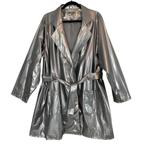 Amilano Plus Collection Silver Vinyl Trench Coat 24W Belted Shiny Retro 80s Y2K‎
